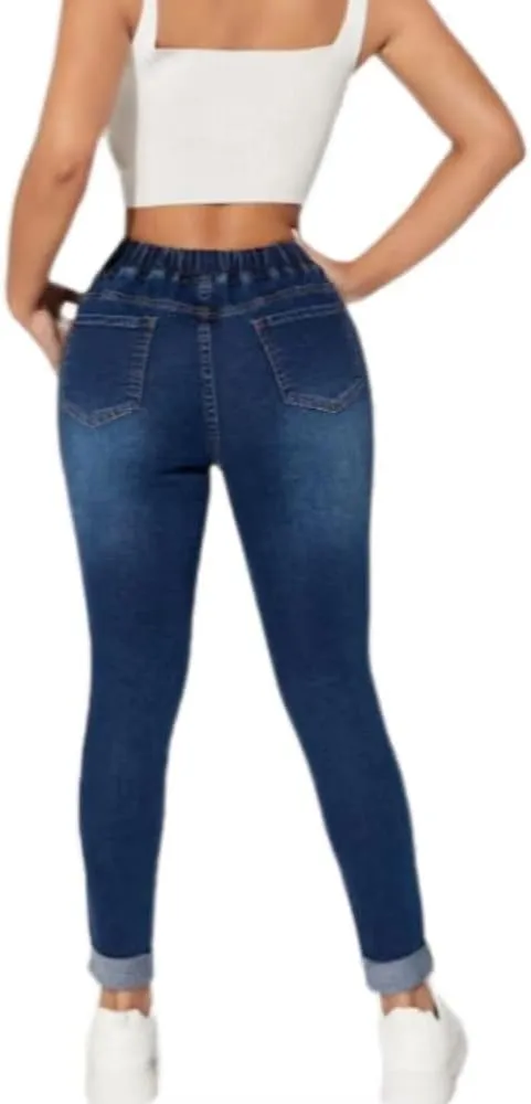 High Waisted High Waisted Elastic Waist Jean Joggers for Women Stretch Loose Denim Pants with Drawstring