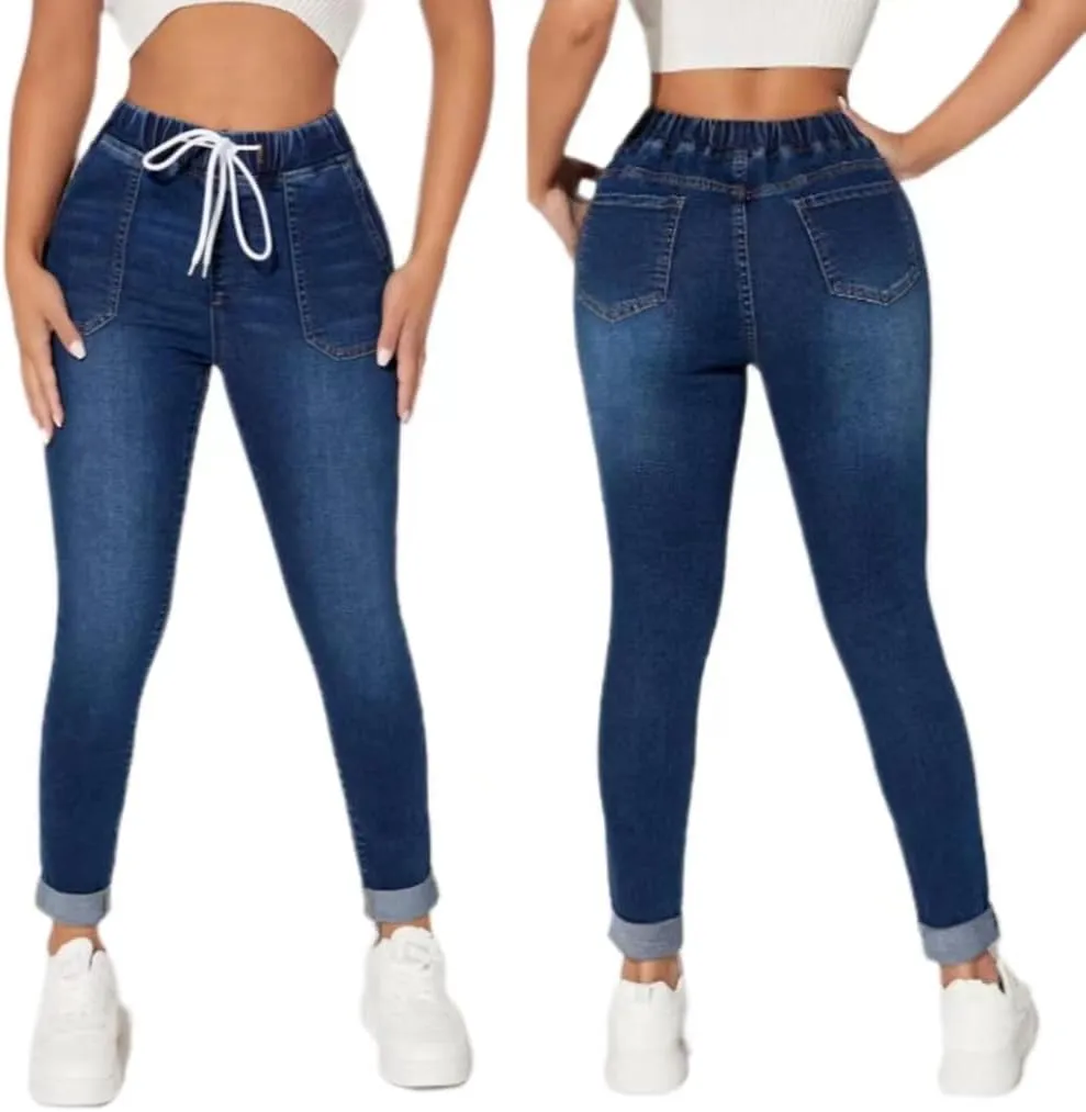 High Waisted High Waisted Elastic Waist Jean Joggers for Women Stretch Loose Denim Pants with Drawstring