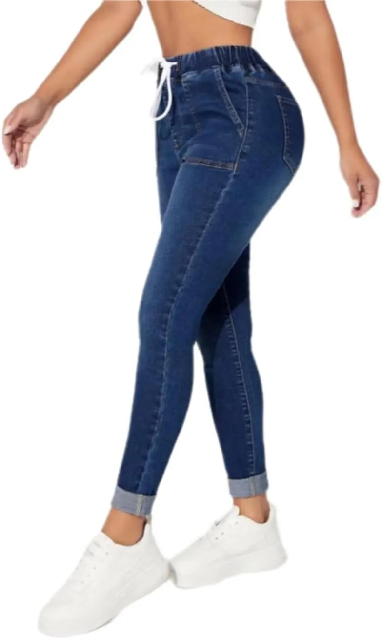 High Waisted High Waisted Elastic Waist Jean Joggers for Women Stretch Loose Denim Pants with Drawstring