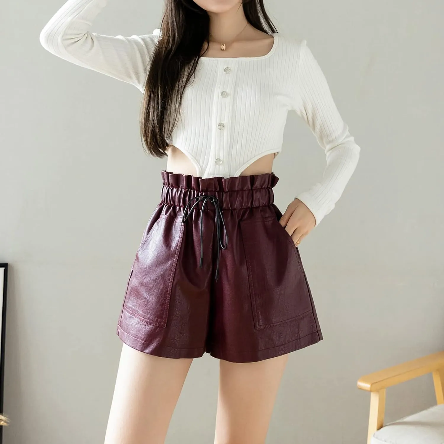 High Waisted Wide Leg Black Faux Leather Shorts for Women