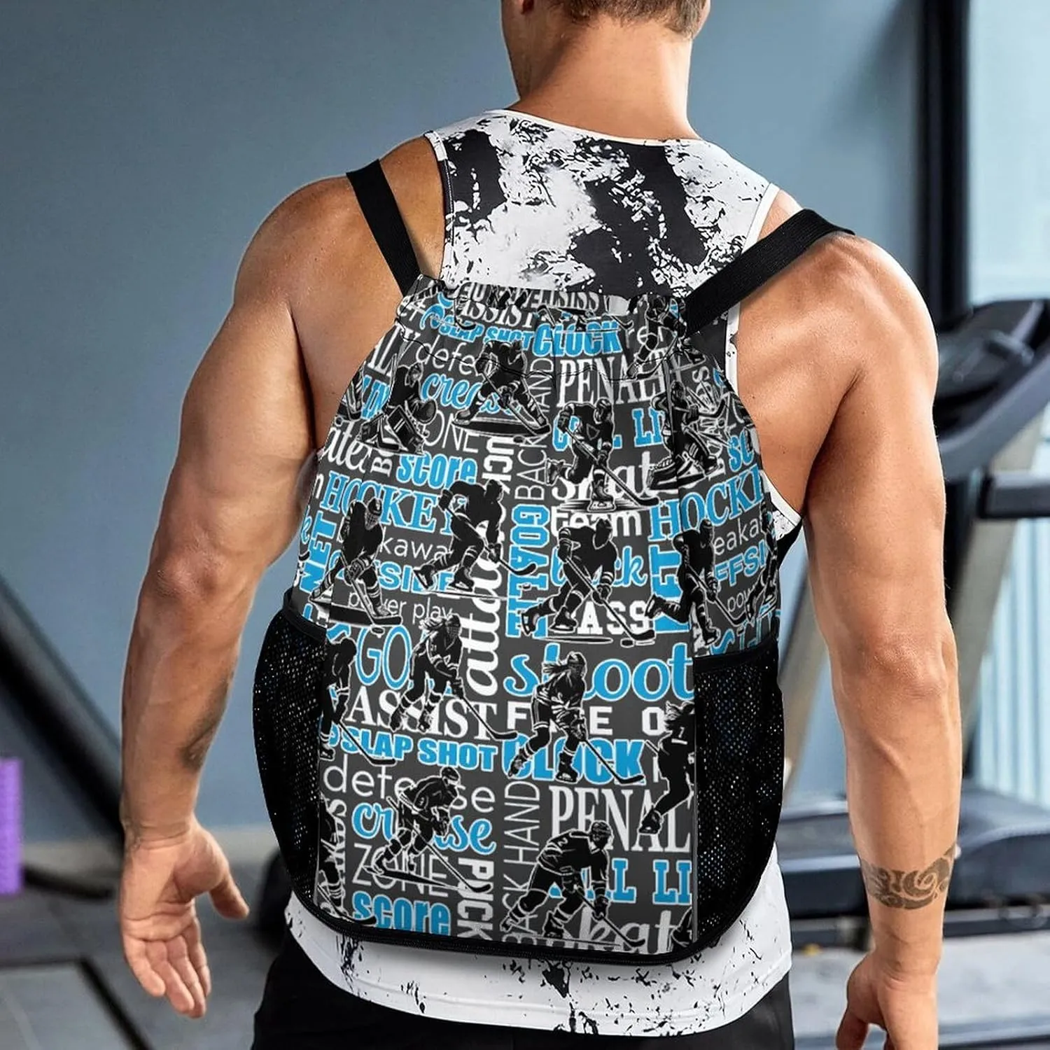 Hockey Drawstring Backpack - Cool Cinch Sack, String Backpacks with Pocket for Kids Women Men Boys Girls for Gym Outdoor Sports Travel Athletic Drawstring Bag - Lightweight/Foldable