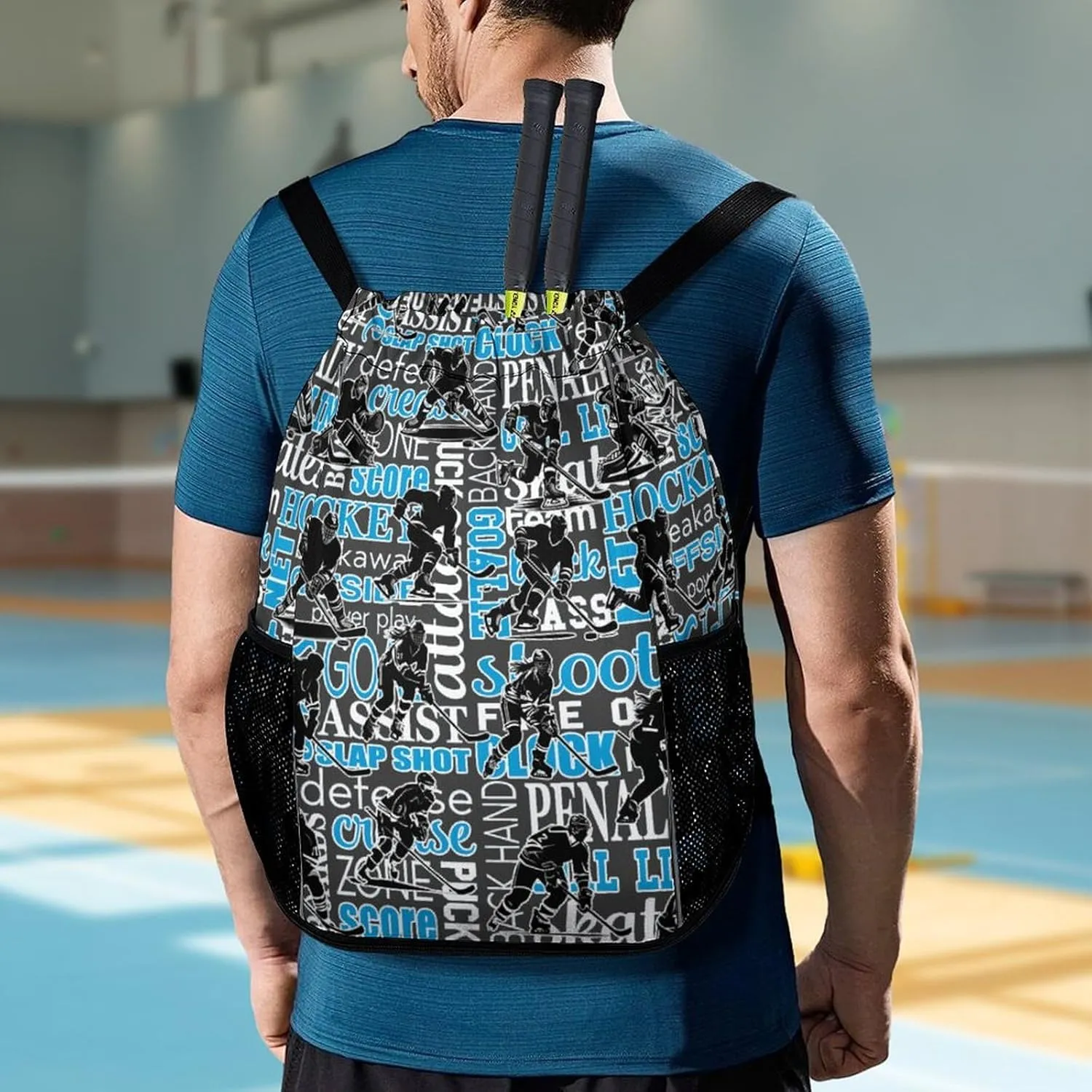 Hockey Drawstring Backpack - Cool Cinch Sack, String Backpacks with Pocket for Kids Women Men Boys Girls for Gym Outdoor Sports Travel Athletic Drawstring Bag - Lightweight/Foldable