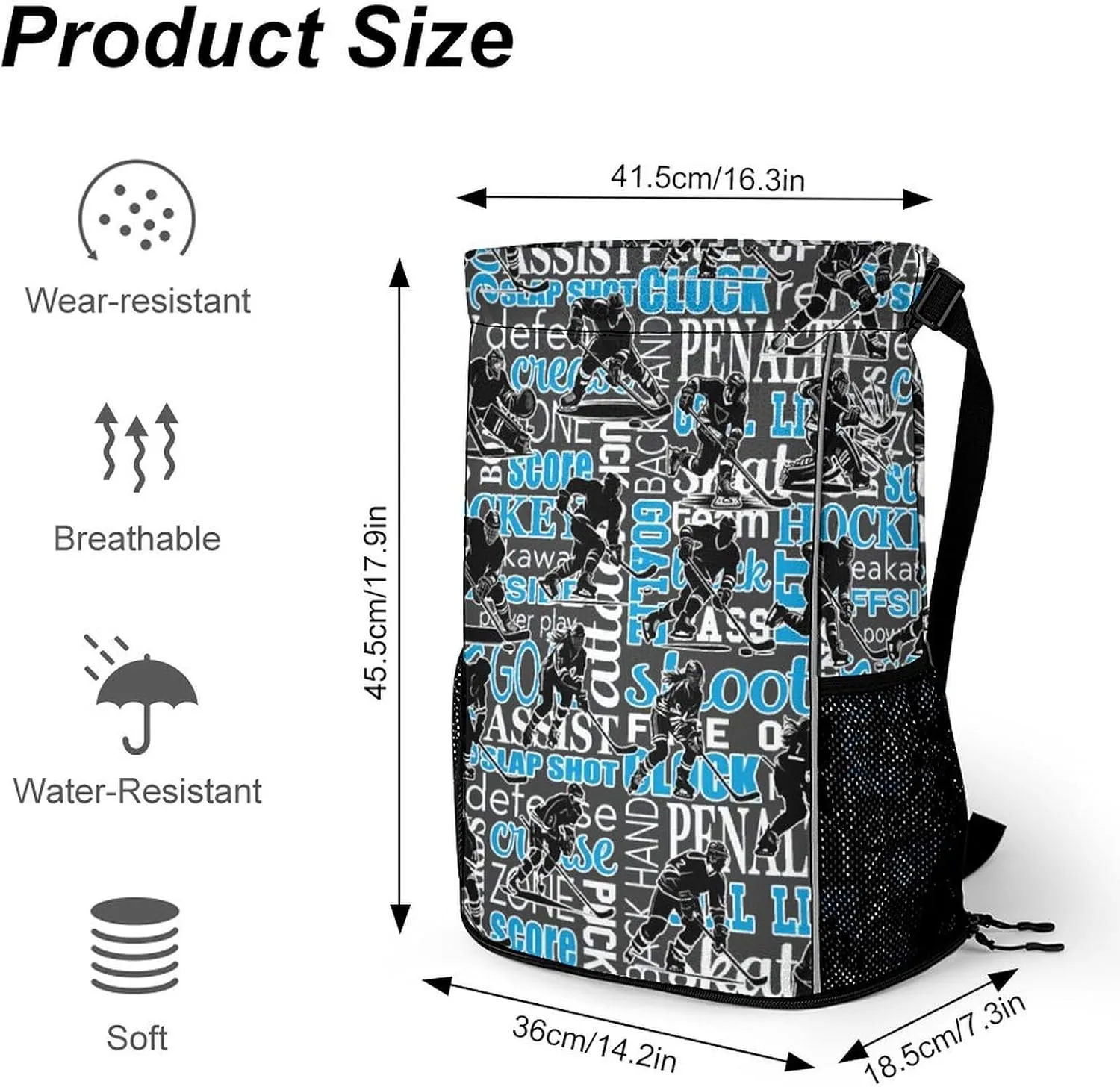 Hockey Drawstring Backpack - Cool Cinch Sack, String Backpacks with Pocket for Kids Women Men Boys Girls for Gym Outdoor Sports Travel Athletic Drawstring Bag - Lightweight/Foldable