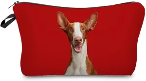 Ibizan Hound Dog Makeup Bag Cute Small Organizer Bag Travel Toiletry Zipper Pouch Red Background Ibizan Hound Dog Cosmetic Bag Birthday Present for Dog Lovers Women