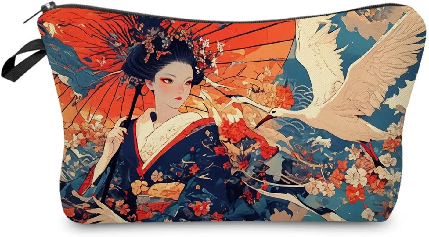 Japanese Geisha Makeup Bag Cute Small Organizer Zipper Pouch Japanese Geisha Cosmetic Bag Birthday Present for Women Friends -2