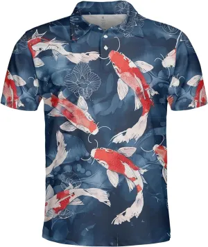 Japanese Koi Polo Shirts for Men Holiday Party- Koi Fish Golf Fit Short Sleeve Polo Shirts S49