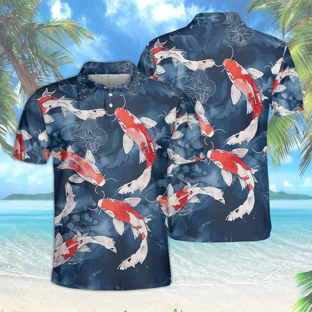 Japanese Koi Polo Shirts for Men Holiday Party- Koi Fish Golf Fit Short Sleeve Polo Shirts S49