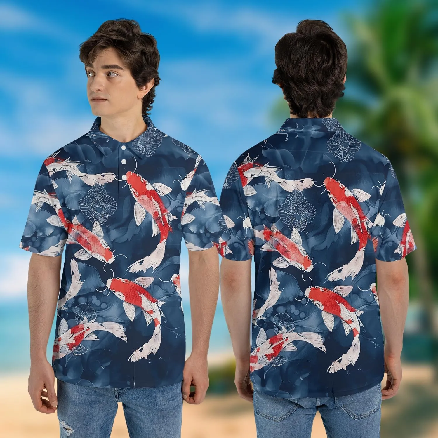 Japanese Koi Polo Shirts for Men Holiday Party- Koi Fish Golf Fit Short Sleeve Polo Shirts S49