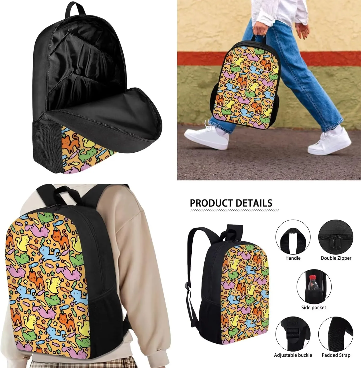 JHQFWMFJ Cat Backpacks for Girls Set De Mochila Y Lonchera Para Nias Cute Pencil Case for School Backpack for Kids 8-12 Insulated Lunch Bag for Kids