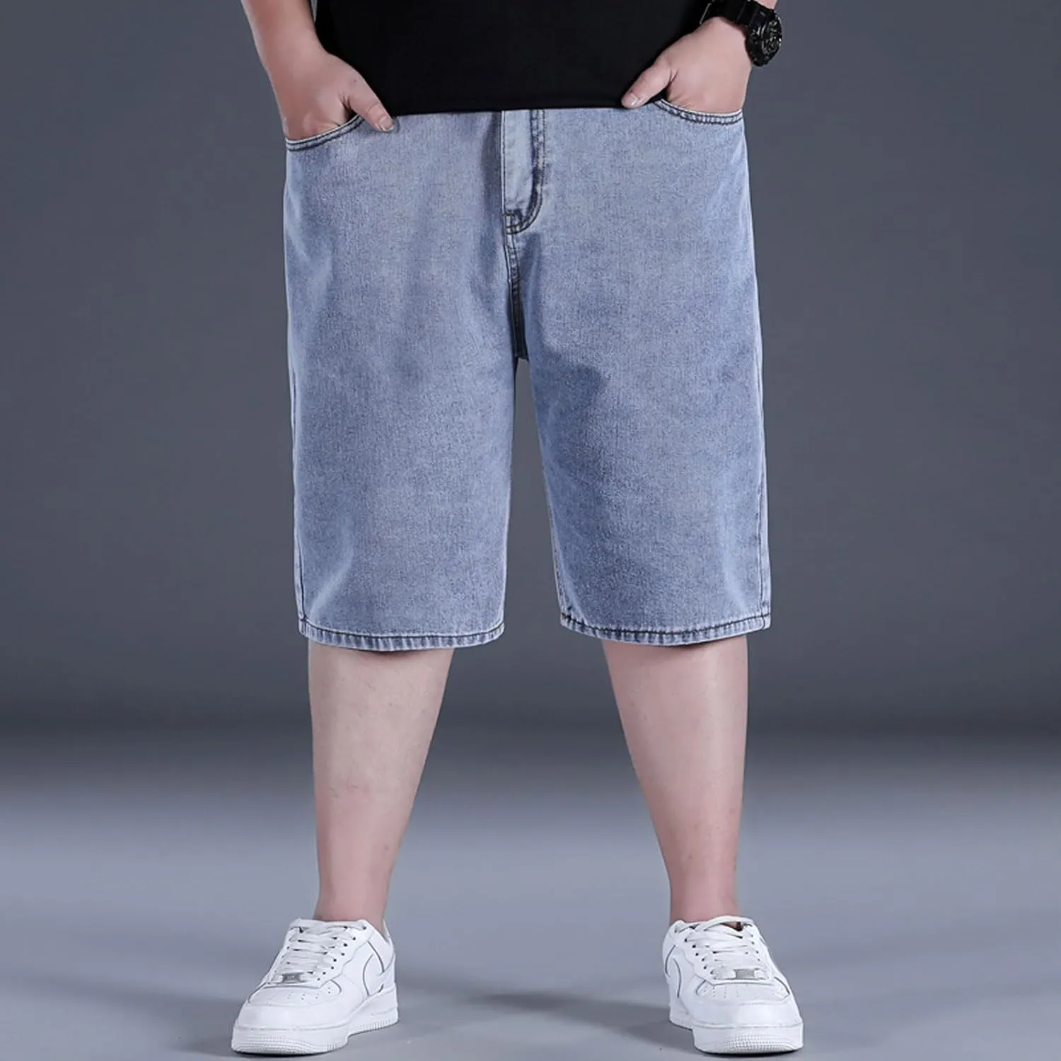 Jorts for Men Baggy Elastic Waist Pull On Denim Shorts Plus Size Straight Loose Jean Shorts Teen Boys Denim Jorts