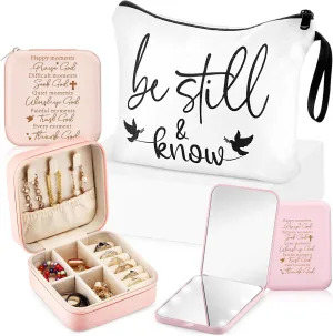 Kacctyen 3 Pcs Christian Gifts for Women Be Still and Know Makeup Bag Bible Religious Portable Makeup Mirror with Light Travel Jewelry Case Cosmetic Bag Set for Christian Friendship Gifts(Pink)
