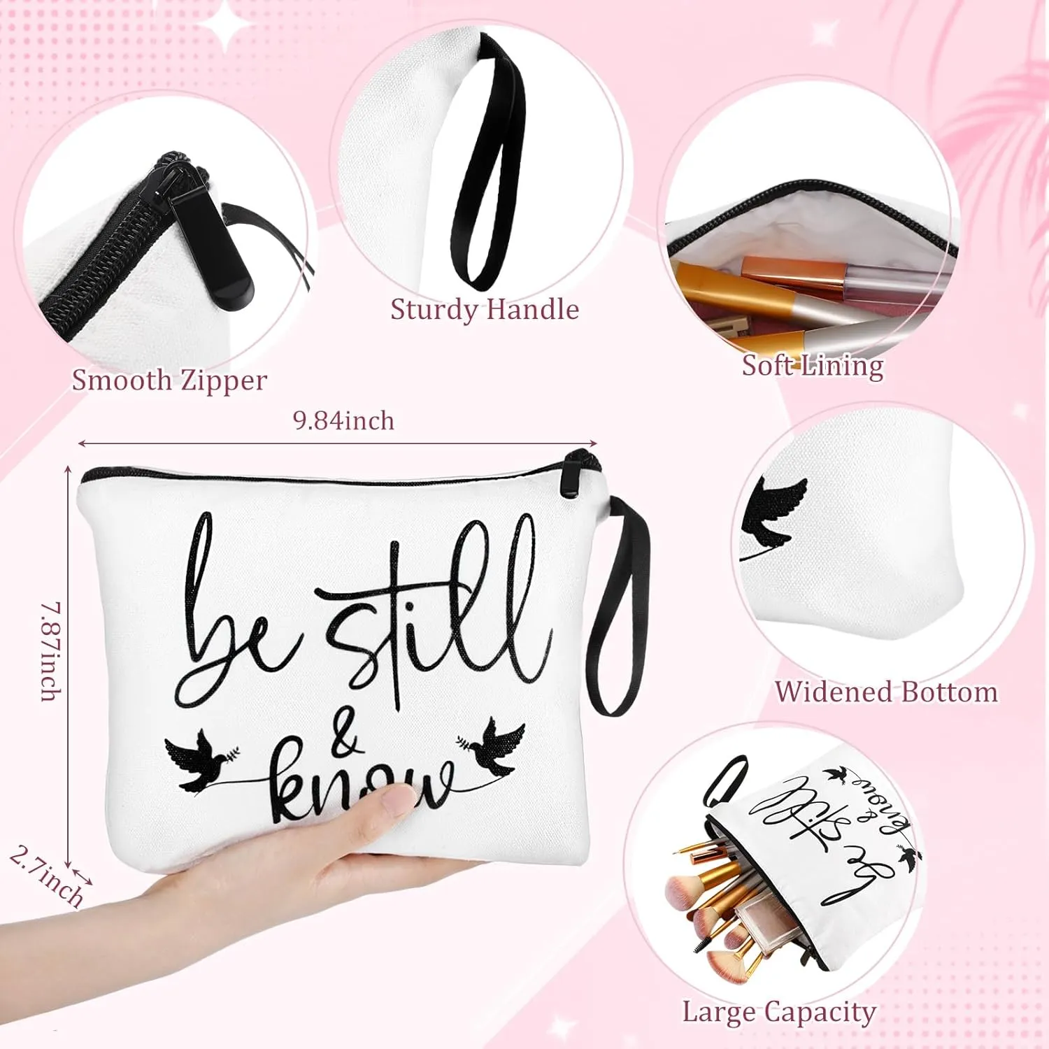 Kacctyen 3 Pcs Christian Gifts for Women Be Still and Know Makeup Bag Bible Religious Portable Makeup Mirror with Light Travel Jewelry Case Cosmetic Bag Set for Christian Friendship Gifts(Pink)