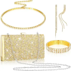Kigeli 4 Pieces Women Rhinestone Evening Clutch Bag Bling Earring Necklace Bracelet for Wedding Formal