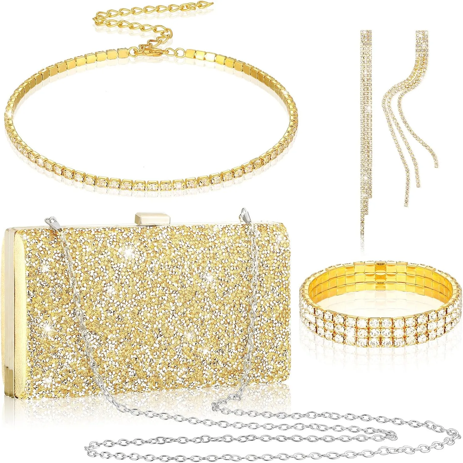 Kigeli 4 Pieces Women Rhinestone Evening Clutch Bag Bling Earring Necklace Bracelet for Wedding Formal