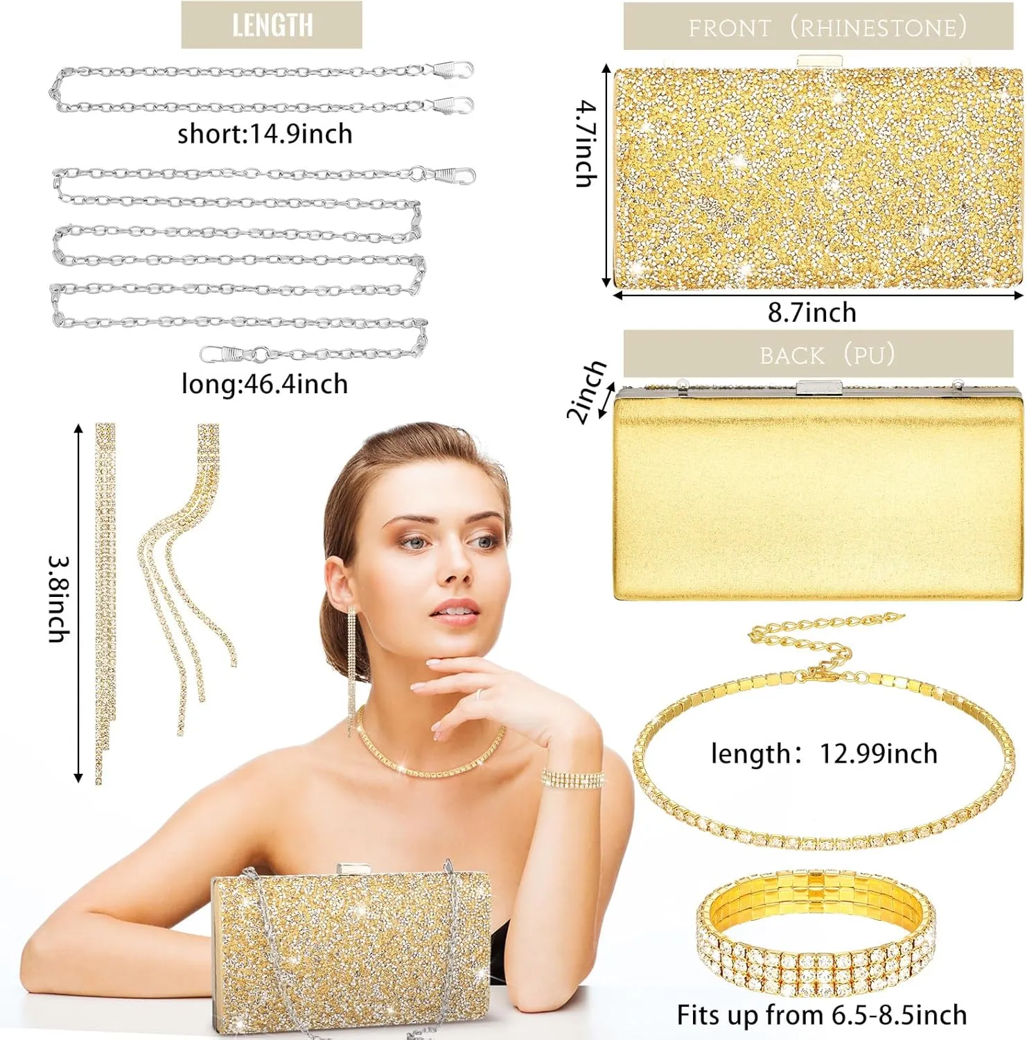 Kigeli 4 Pieces Women Rhinestone Evening Clutch Bag Bling Earring Necklace Bracelet for Wedding Formal