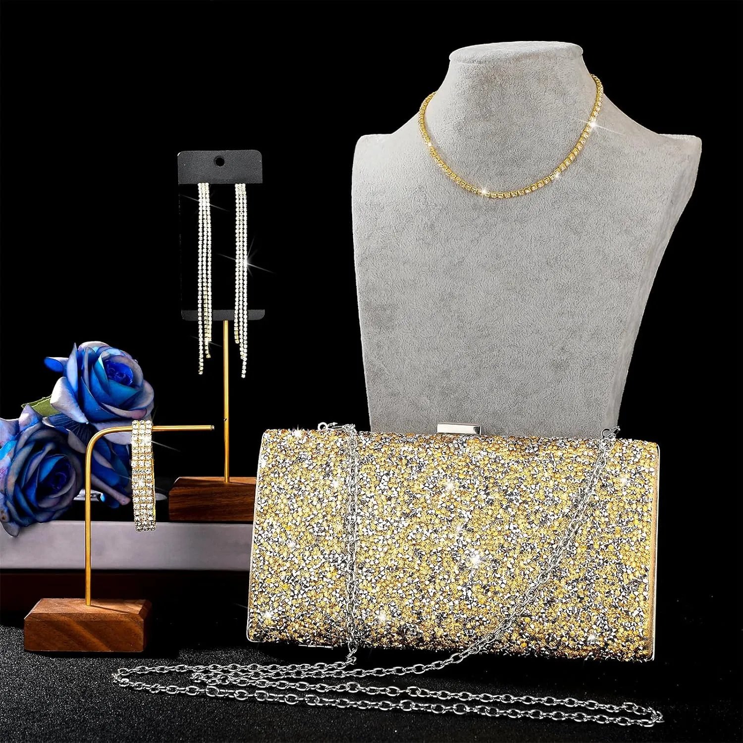 Kigeli 4 Pieces Women Rhinestone Evening Clutch Bag Bling Earring Necklace Bracelet for Wedding Formal