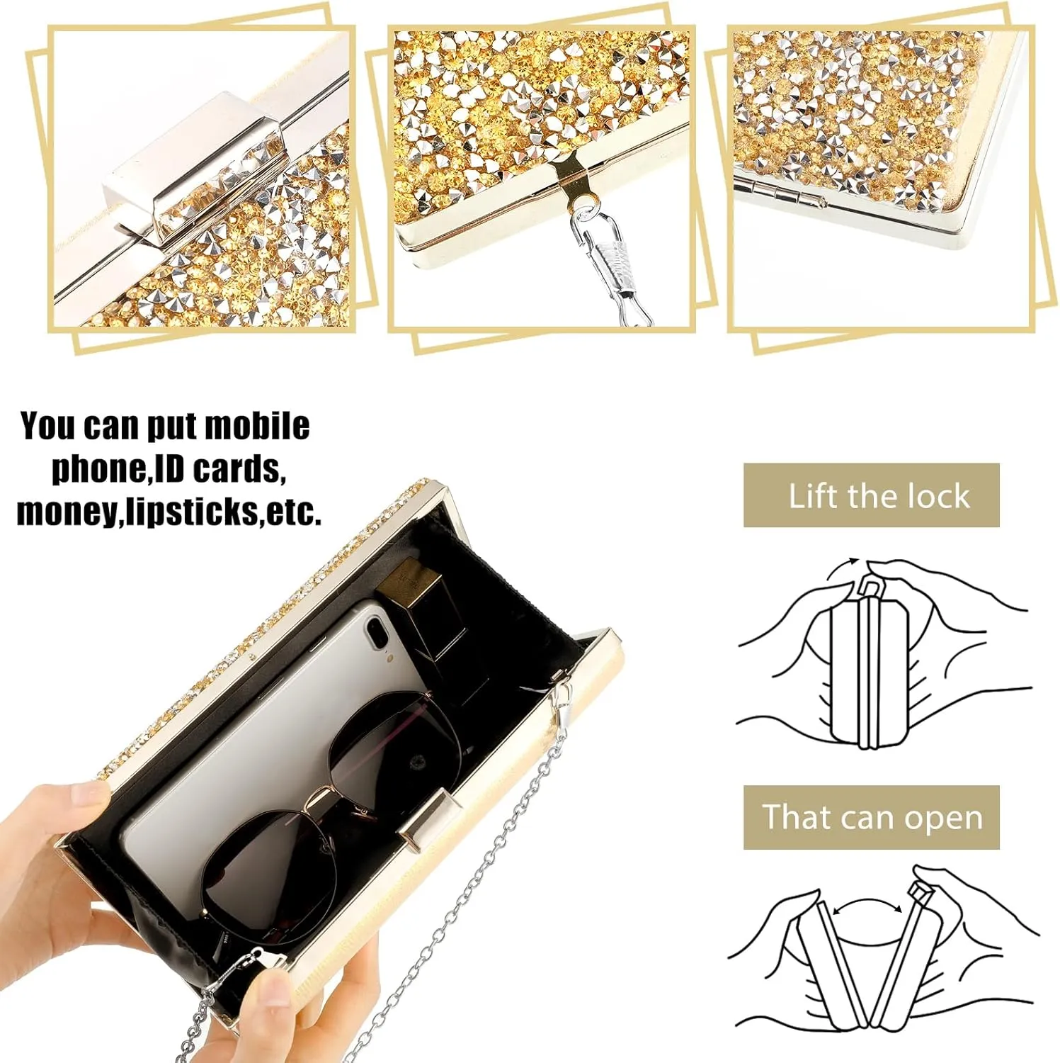 Kigeli 4 Pieces Women Rhinestone Evening Clutch Bag Bling Earring Necklace Bracelet for Wedding Formal
