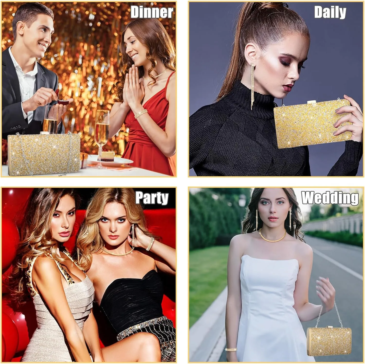 Kigeli 4 Pieces Women Rhinestone Evening Clutch Bag Bling Earring Necklace Bracelet for Wedding Formal