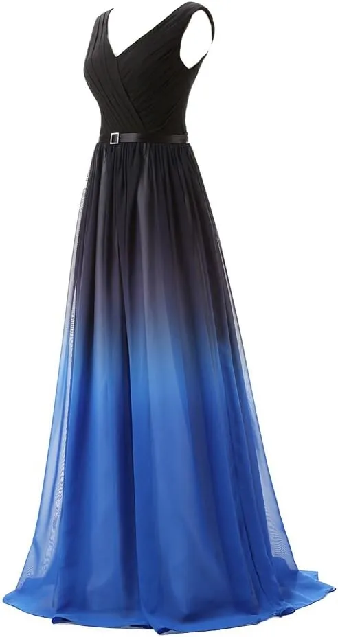 Kivary Black V Neck Sash Gradient Ombre Chiffon Long Formal Prom Evening Dresses