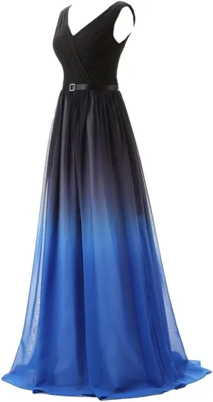 Kivary Black V Neck Sash Gradient Ombre Chiffon Long Formal Prom Evening Dresses