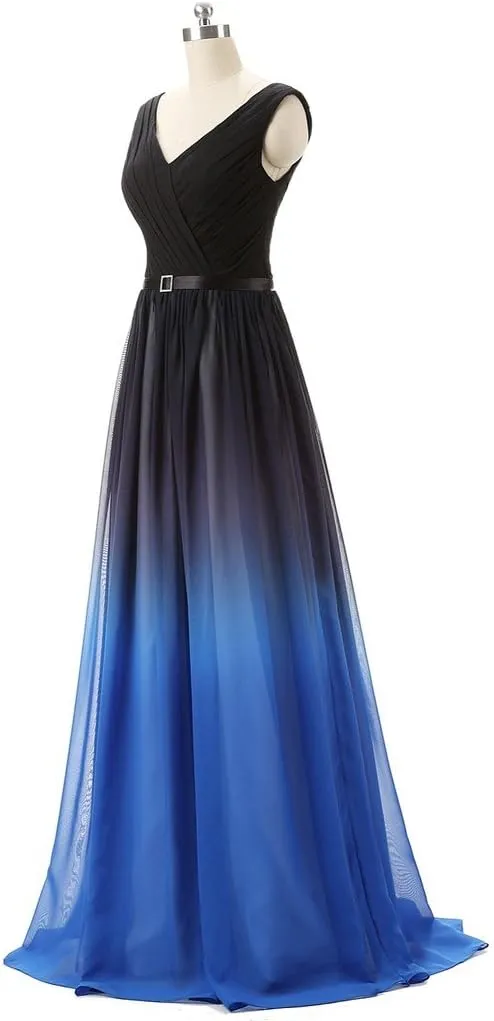 Kivary Black V Neck Sash Gradient Ombre Chiffon Long Formal Prom Evening Dresses