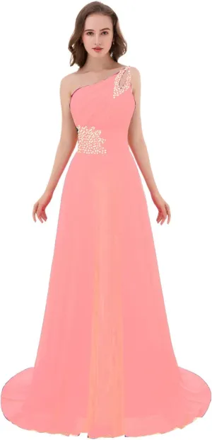 Kivary Long A Line Beaded One Shoulder Formal Corset Prom Evening Dresses