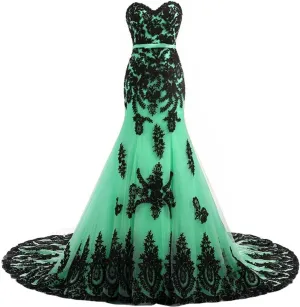 Kivary Long Mermaid Black Lace Vintage Gothic Prom Dress Wedding Evening Gown