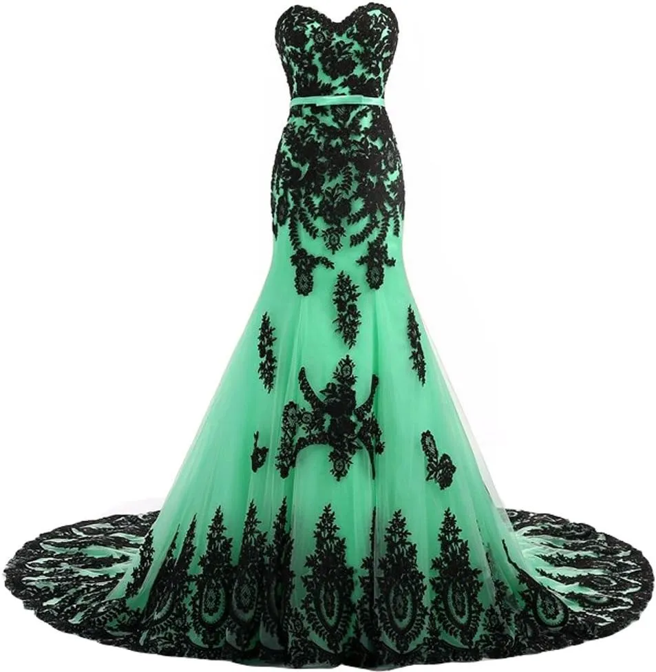 Kivary Long Mermaid Black Lace Vintage Gothic Prom Dress Wedding Evening Gown