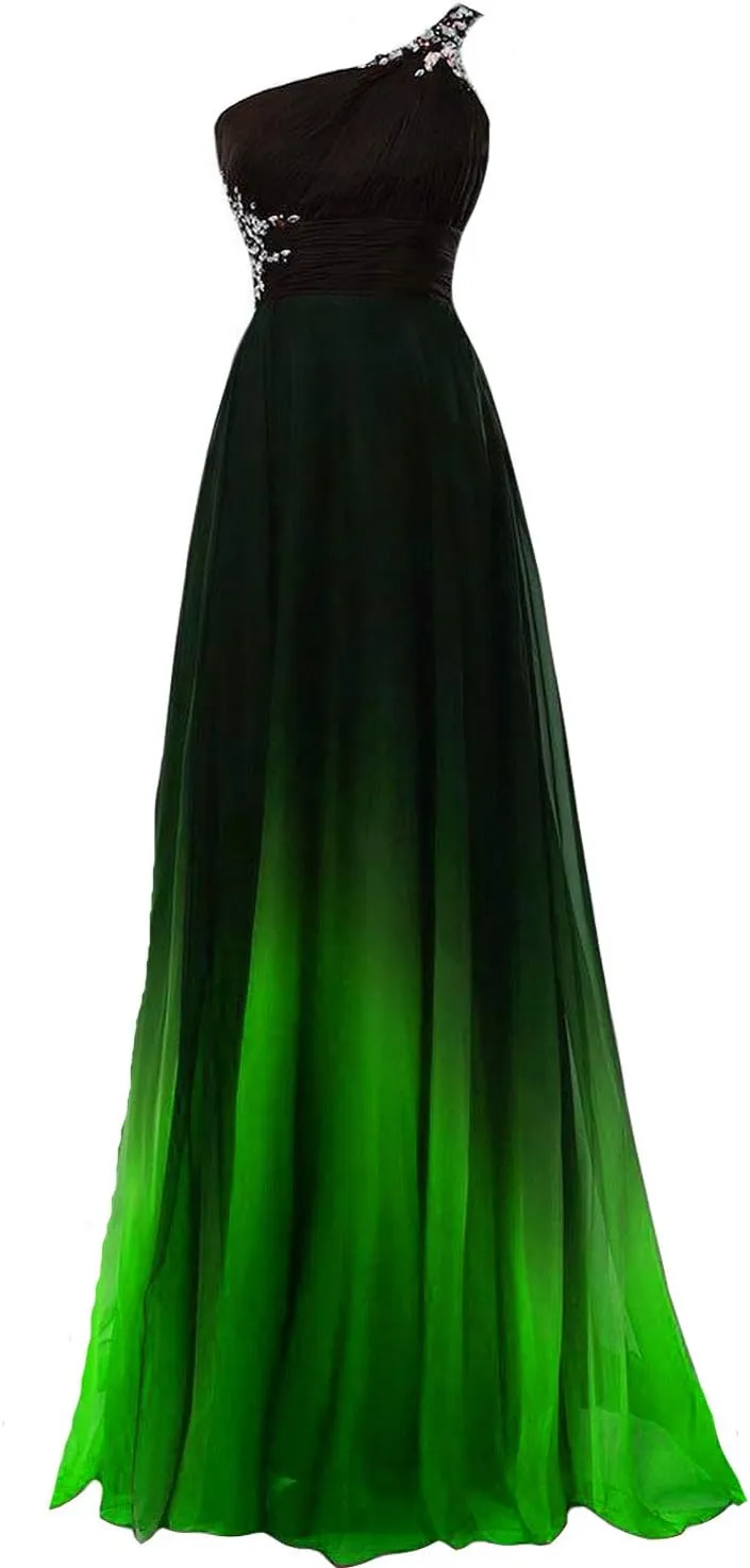 Kivary Sheer Beaded Halter Gradient Ombre Chiffon Long Prom Evening Dresses