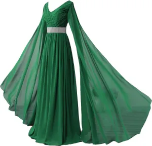 Kivary V Neck Long Sleeves Chiffon A Line Goddess Prom Vintage Evening Dresses