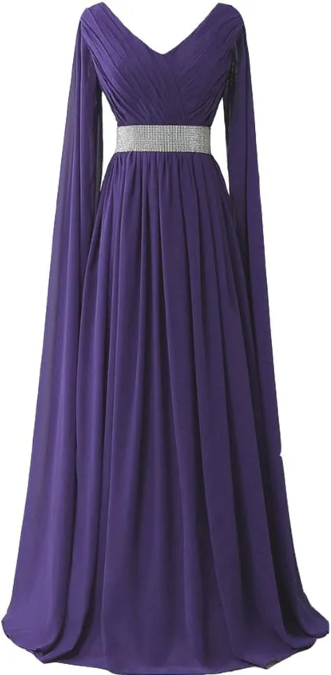 Kivary V Neck Long Sleeves Chiffon A Line Goddess Prom Vintage Evening Dresses