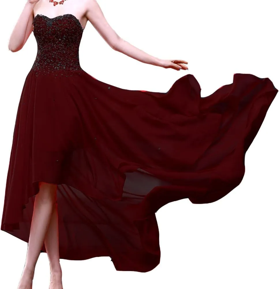 Kivary Women's Beaded High Low Chiffon Formal Prom Dresses Evening Gowns Sweetheart