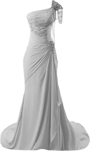 Kivary Women's Beaded One Shoulder Crystals Chiffon Long Corset Prom Evening Dresses