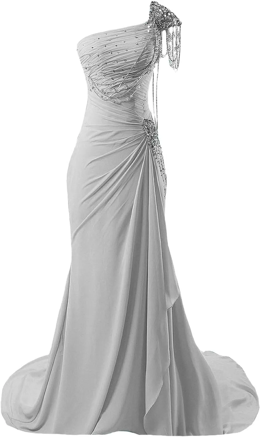 Kivary Women's Beaded One Shoulder Crystals Chiffon Long Corset Prom Evening Dresses