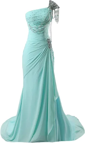 Kivary Women's Beaded One Shoulder Crystals Chiffon Long Corset Prom Evening Dresses