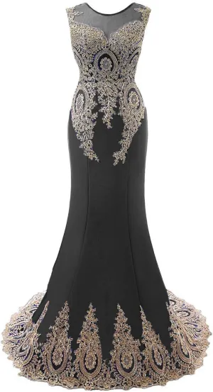 Kivary Women's Gold Lace Sexy Mermaid Sheer Formal Corset Prom Evening Dresses