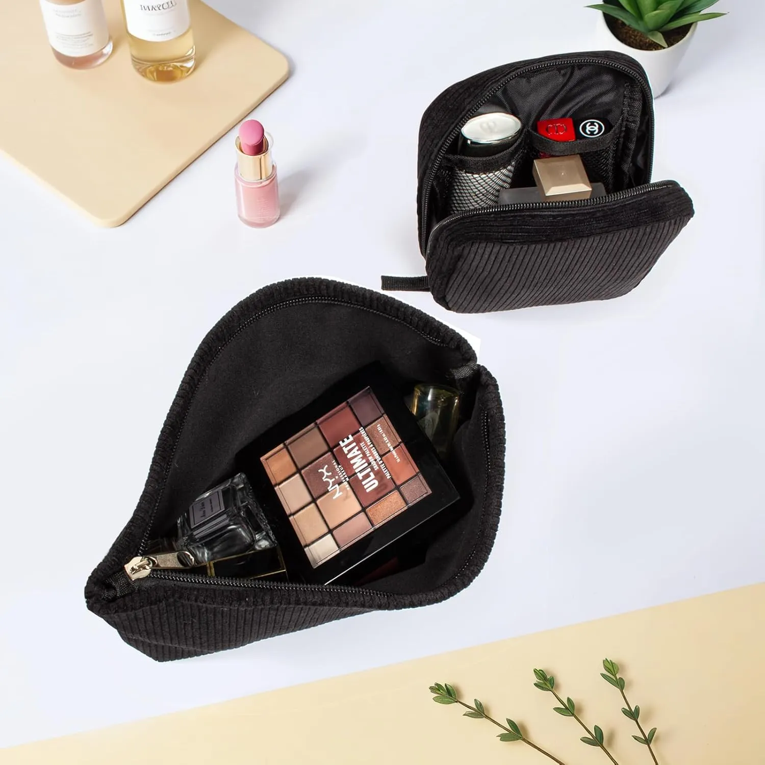 KOTORA 2 Pcs Corduroy Makeup Bag for Purse,Preppy Makeup Bags Travel Accessories,Small Makeup Bag with Zipper Makeup Bag Organizer Preppy Stuff,Coin Purse Essetnals Gifts for Women
