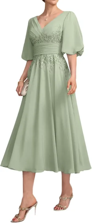 Lace Appliques Mother of The Bride Dresses for Wedding 1/2 Sleeve Tea Length Formal Evening Gown