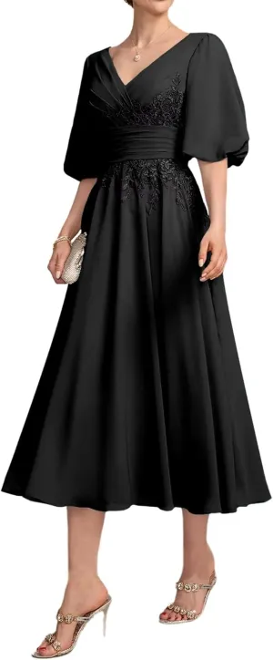 Lace Appliques Mother of The Bride Dresses for Wedding 1/2 Sleeve Tea Length Formal Evening Gown