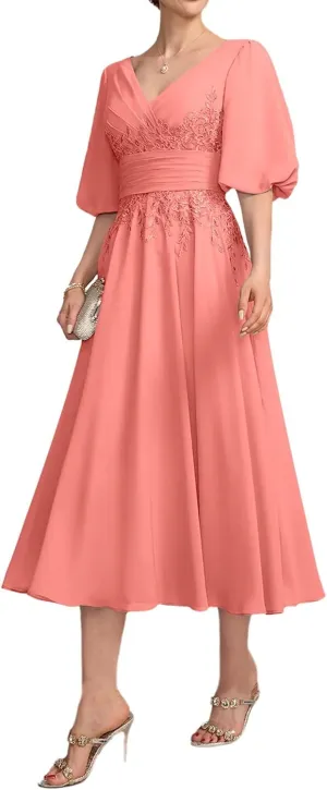 Lace Appliques Mother of The Bride Dresses for Wedding 1/2 Sleeve Tea Length Formal Evening Gown
