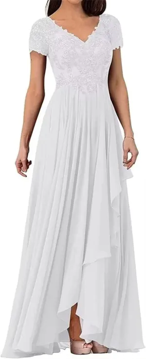 Lace Ruffles Chiffon Mother of The Bride Dresses for Wedding V Neck Cap Sleeves Formal Evening Gown White US14W