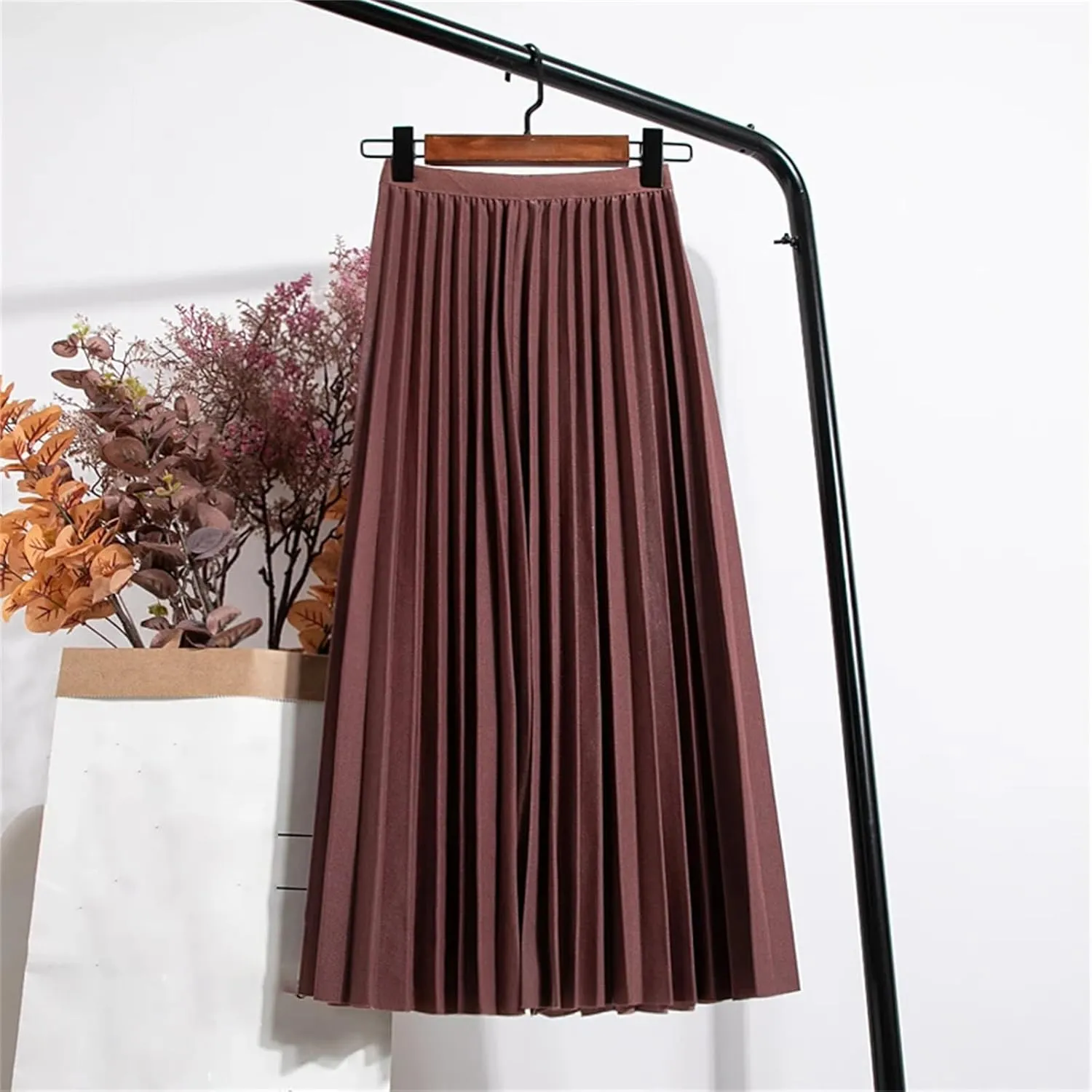 Ladies Pleated Midi Skirt for Summer, High Waist Vintage Solid Casual Mid-Calf Elastic