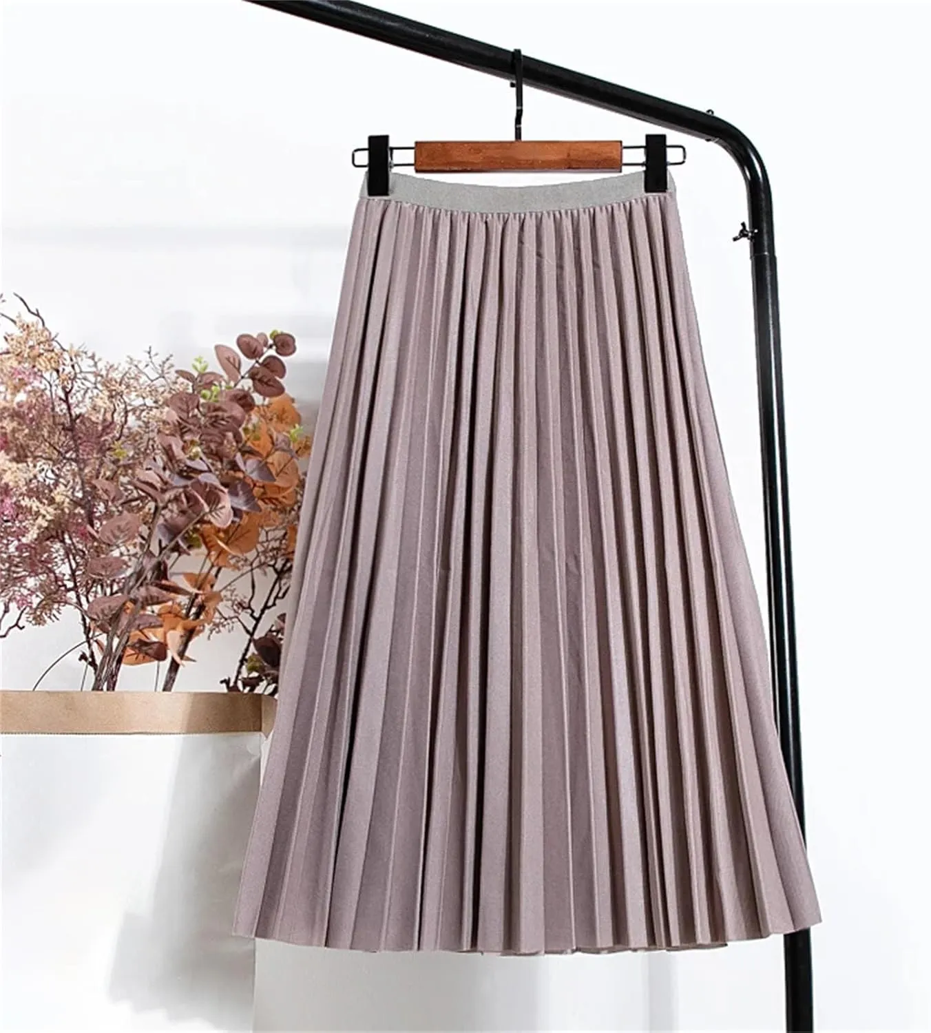 Ladies Pleated Midi Skirt for Summer, High Waist Vintage Solid Casual Mid-Calf Elastic