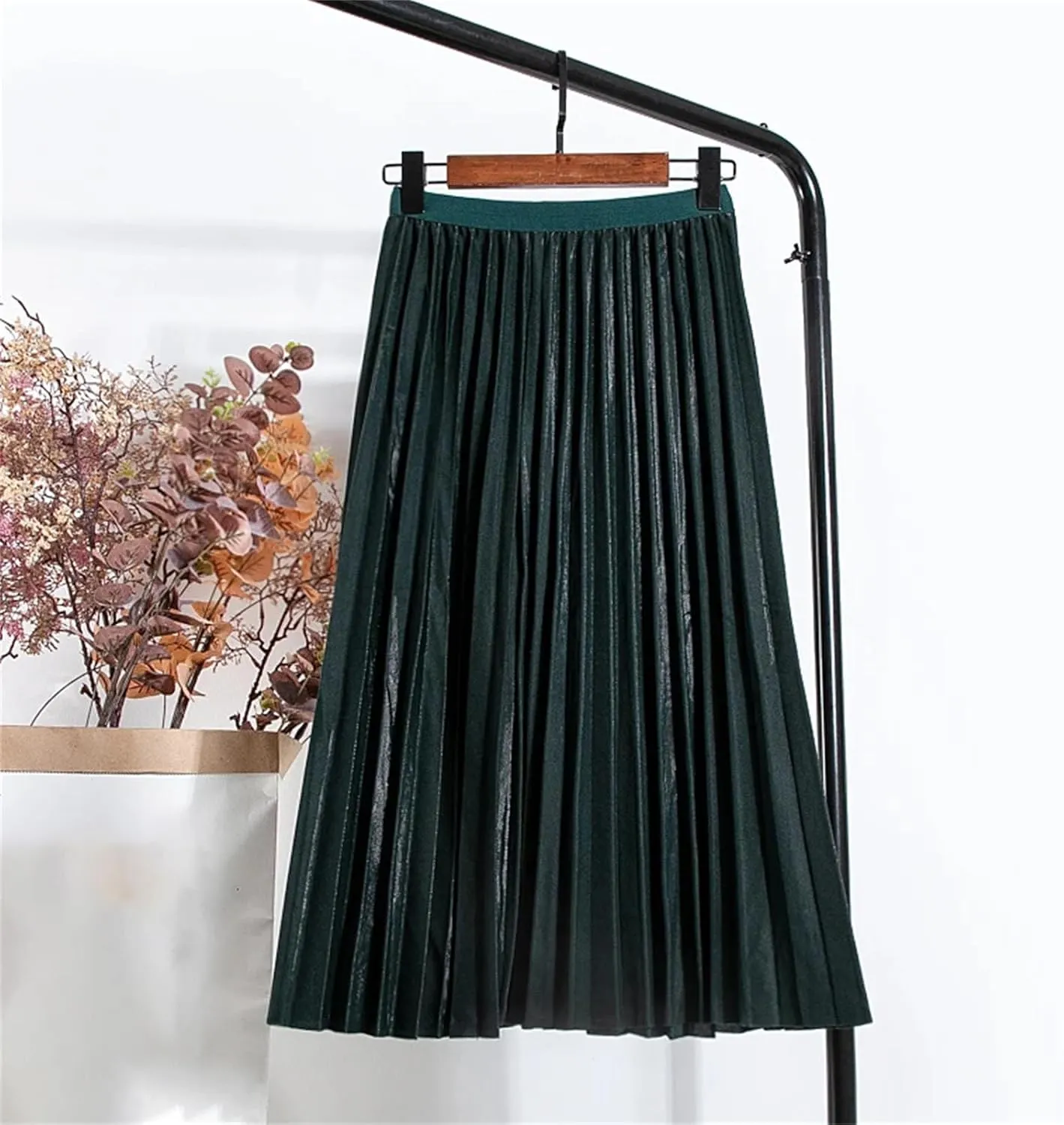 Ladies Pleated Midi Skirt for Summer, High Waist Vintage Solid Casual Mid-Calf Elastic