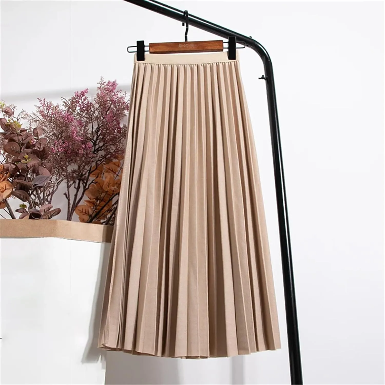 Ladies Pleated Midi Skirt for Summer, High Waist Vintage Solid Casual Mid-Calf Elastic