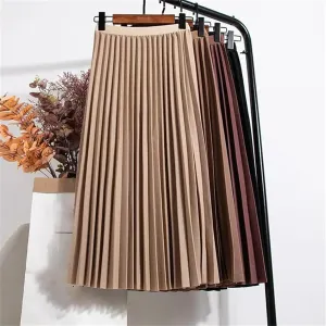 Ladies Pleated Midi Skirt for Summer, High Waist Vintage Solid Casual Mid-Calf Elastic