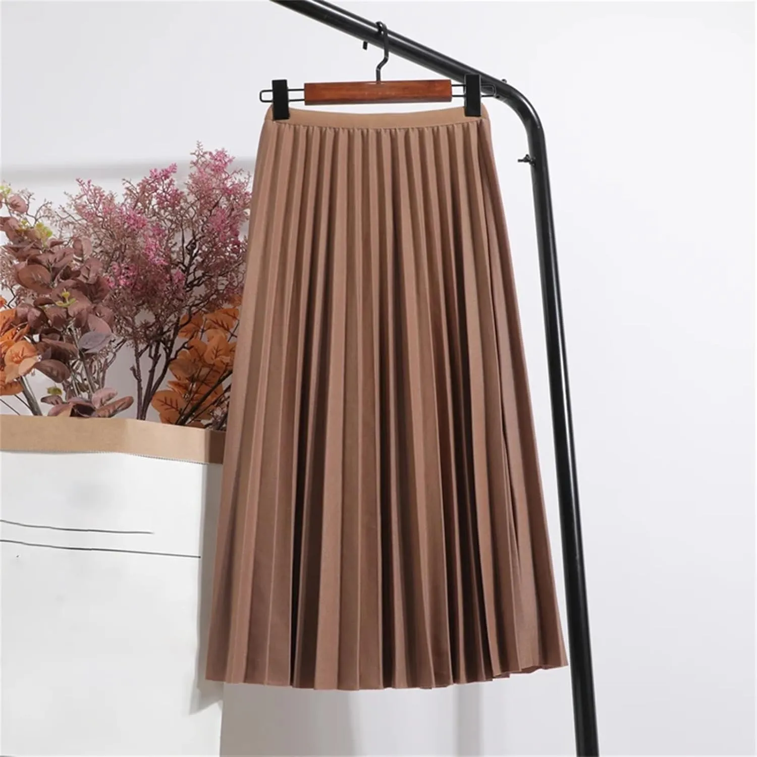 Ladies Pleated Midi Skirt for Summer, High Waist Vintage Solid Casual Mid-Calf Elastic