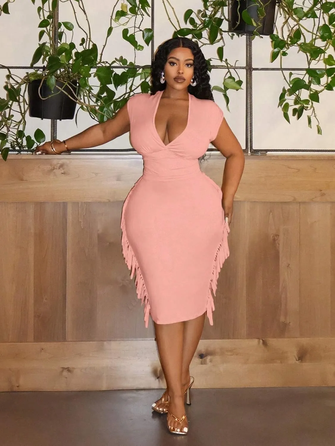 LALAGEN Women's 2025 Summer Dresses Plus Size Bodycon Half Sleeve Deep V-Neck Solid Color Midi Dress