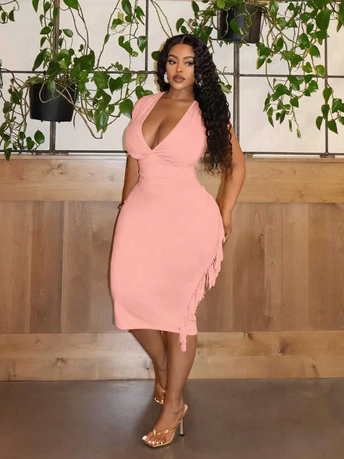 LALAGEN Women's 2025 Summer Dresses Plus Size Bodycon Half Sleeve Deep V-Neck Solid Color Midi Dress