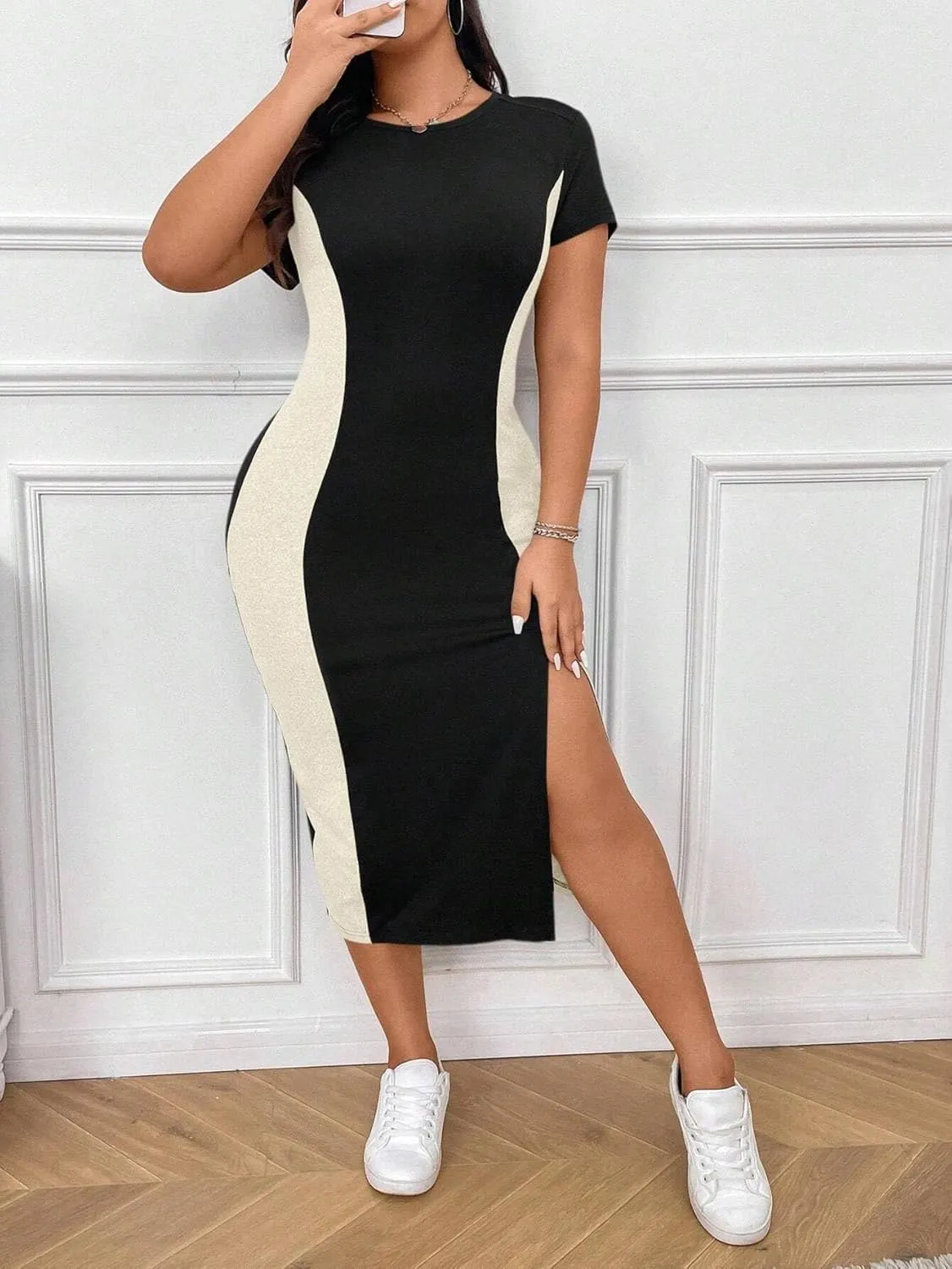 LALAGEN Women's 2025 Summer Dresses Women Plus Size Color Block Round Neck Dress, Summer Outfit
